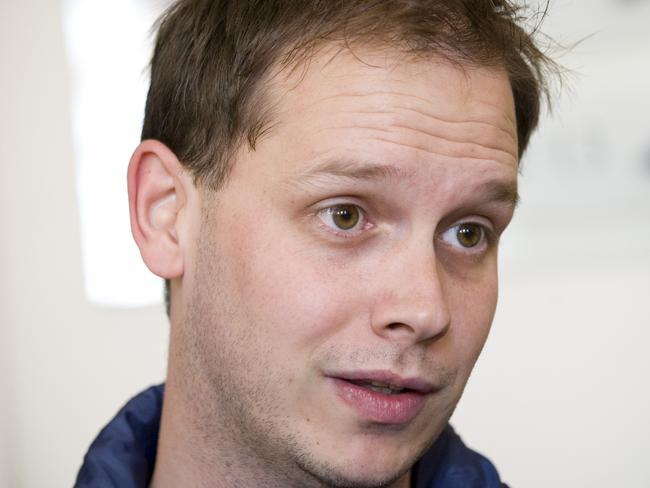 (FILES) This photo taken on September 28, 2010 shows one of the co-founders of the file-sharing website, The Pirate Bay, Peter Sunde, waiting at the Swedish Appeal Court in Stockholm. The co-founder of file-sharing website The Pirate Bay, Peter Sunde, was arrested in southern Sweden after two years on the run, Swedish police said on June 1, 2014. AFP PHOTO / JONATHAN NACKSTRAND