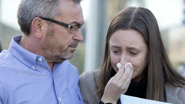 Borce Ristevski comforts his daughter Sarah while they make a public appeal for information about Karen Ristevski’s disappearance. Picture: Sarah Matray