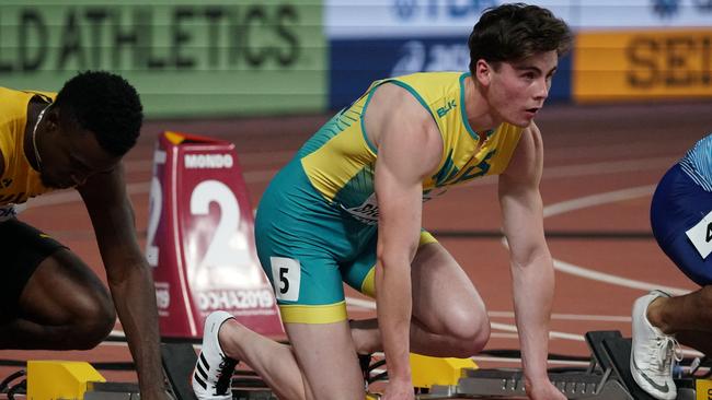 Rohan Browning at the blocks in Doha in 2019. Picture: Athletics Australia