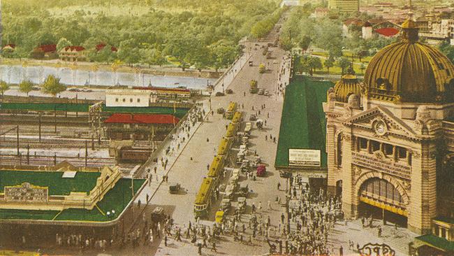 Before Federation Square the corner was taken up by railway tracks, a fish market and even a morgue during Melbourne’s earliest days. Picture: HWT Library.