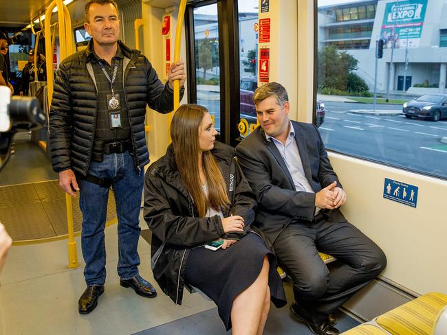 Police Inspector Owen Hortz, Meaghan Scanlon MP and Minister for Police Mark Ryan talking about the Gold Coast’s pioneering Street CRED program. Picture: Jerad Williams