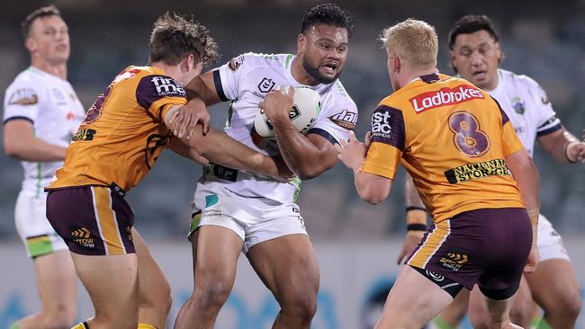 Dunamis Lui charges into the Broncos’ defence. Picture: Getty Images