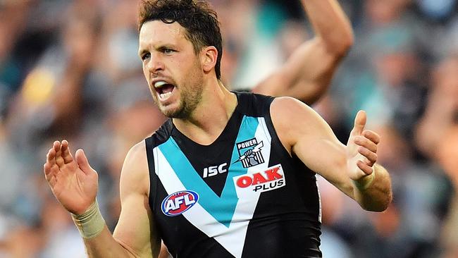 Travis Boak celebrates a goal for Port Adelaide. Picture: Getty Images