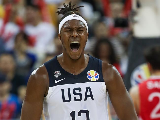 Myles Turner celebrates for the USA.