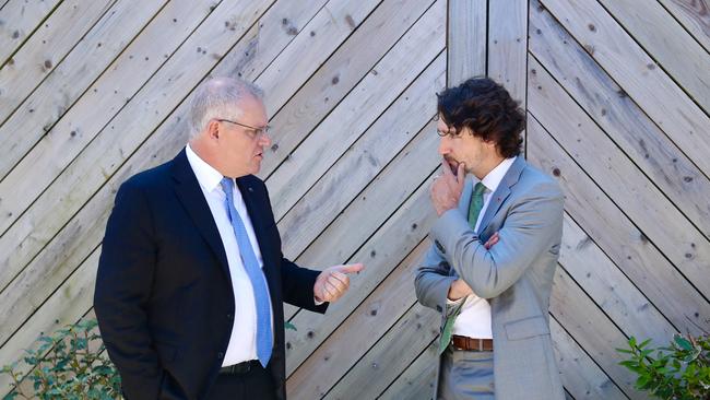 Prime Minister Scott Morrison attends a pull-aside meeting with Canadian Prime Minister Justin Trudeau. Picture: Adam Taylor/PMO.