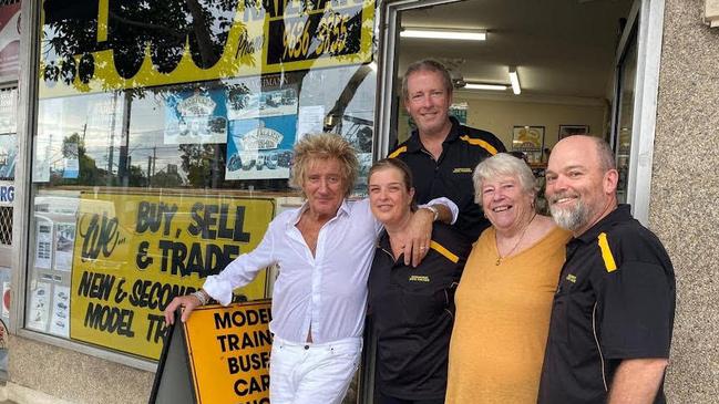 Rod Stewart added to his extensive model train collection at Woodpecker Model Railways in Pendle Hill on Wednesday, ahead of his concert at Qudos Bank Arena. Picture: Facebook.