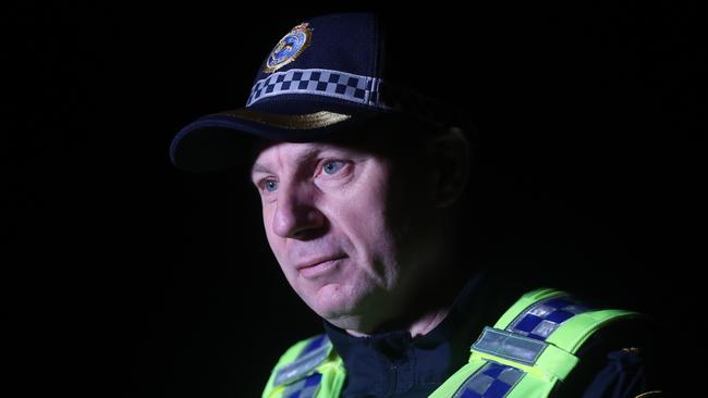 Inspector Luke Manhood spoke to reporters at the scene. Picture: Nikki Davis-Jones