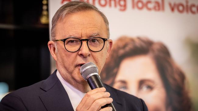 Prime Minister Anthony Albanese at Jodie Belyea's Dunkley by-election campaign launch. Picture: Jake Nowakowski