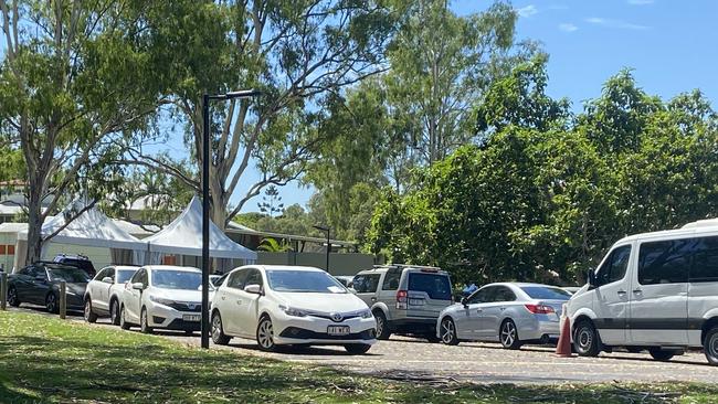 The line-up at the Indooroopilly State High School testing centre.