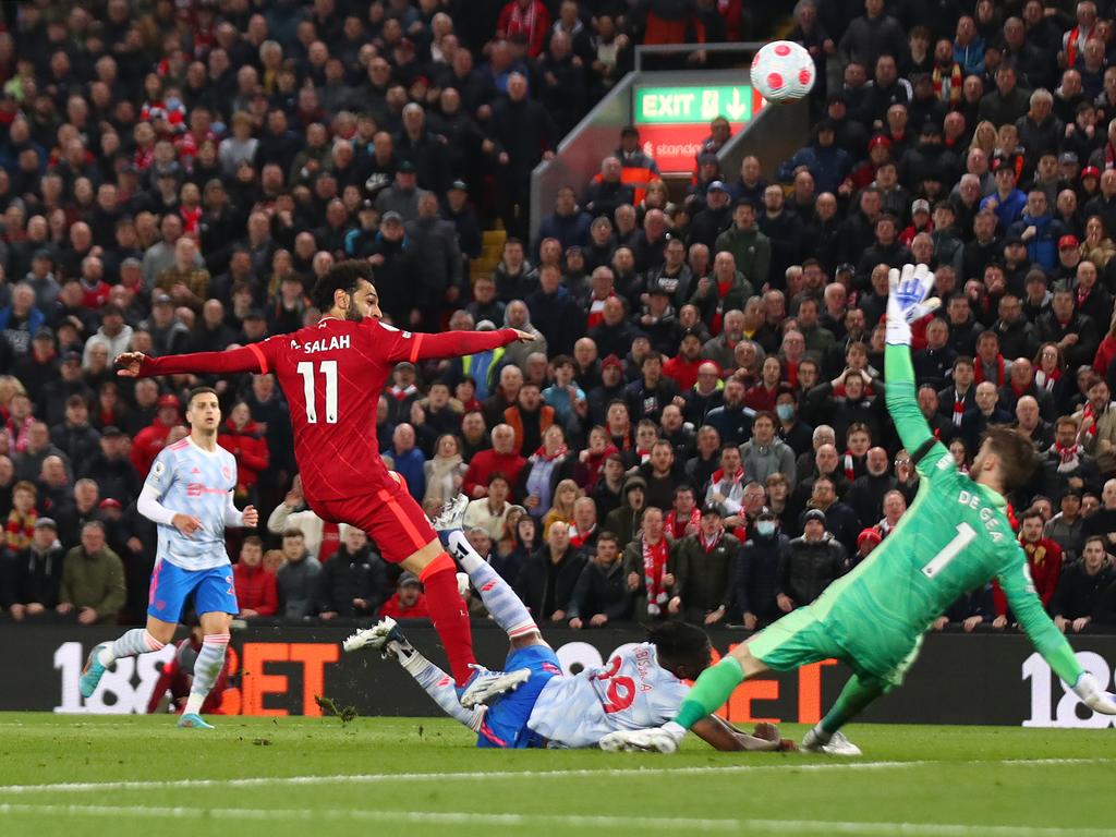 Salah scores Liverpool’s fourth goal during the Reds’ five goal downing of Manchester City. Picture: Chris Brunskill/Fantasista/Getty Images