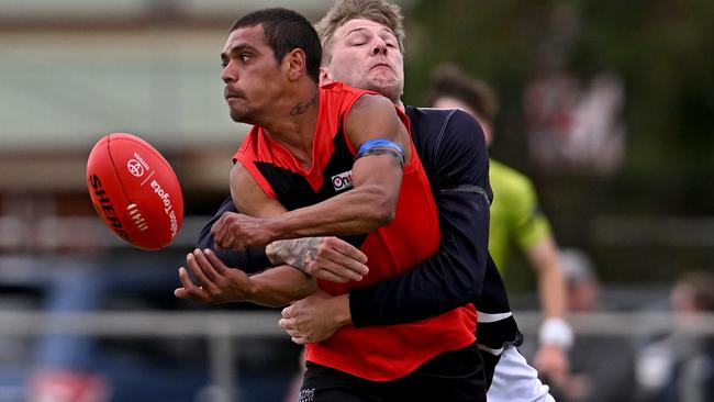 Western RamsÃ Ashley Gray Melton Centrals Jonathan Ferri during the Riddell District FNL Western Rams v Melton Centrals football match at Ian Cowie Recreation Reserve in Rockbank, Saturday, April 1, 2023. Picture: Andy Brownbill