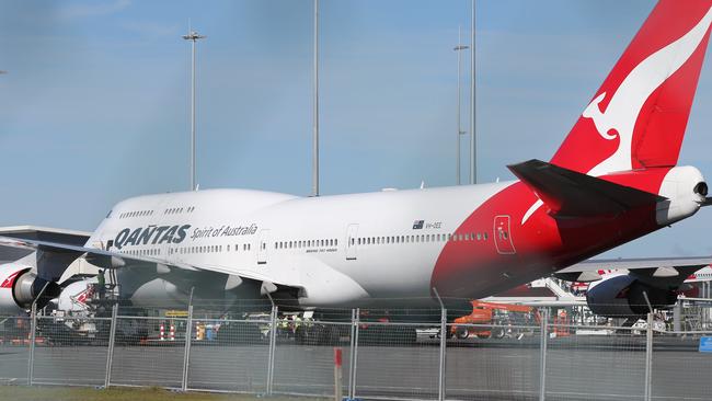 A Qantas Jumbo at the airport. Picture: Glenn Hampson.