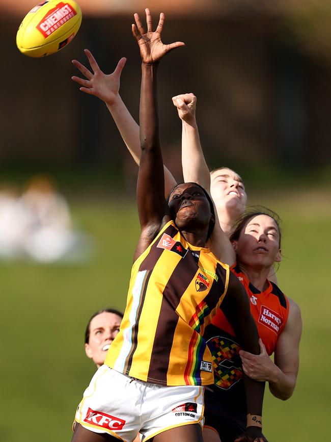 Akec Makur Chuot contests for the ball at the ground which is home to the Newtown Jets.