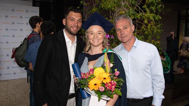03-10-2023 Deakin University education graduations at the waterfront campus. Cooper Joseph, Tahlia Webb and Peter Webb
