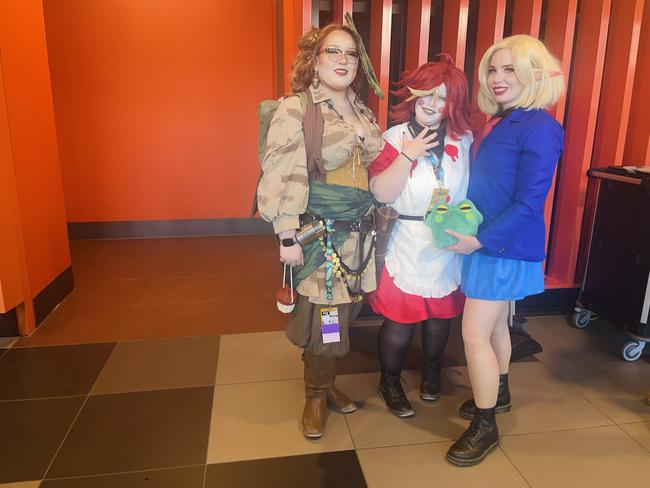 The PAX Aus Convention at the Melbourne Convention and Exhibition Centre (MCEC) on Saturday, October 12, 2024: “Korok” Sierra Murray (@divinems), “Niffty” Jess Stanley (@snow_nekomata_cosplay) and “Adaine” Lozza (@cos_dwagon). Picture: Jack Colantuono<b/>