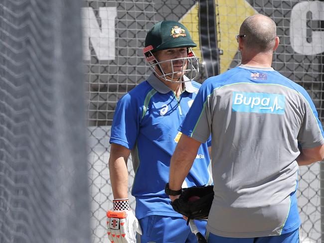 CRICKET: Wednesday 9th November 2016, Blundstone Arena: Australia’s David Warner chats with coaching staff member Michael Di Venuto. Picture: LUKE BOWDEN