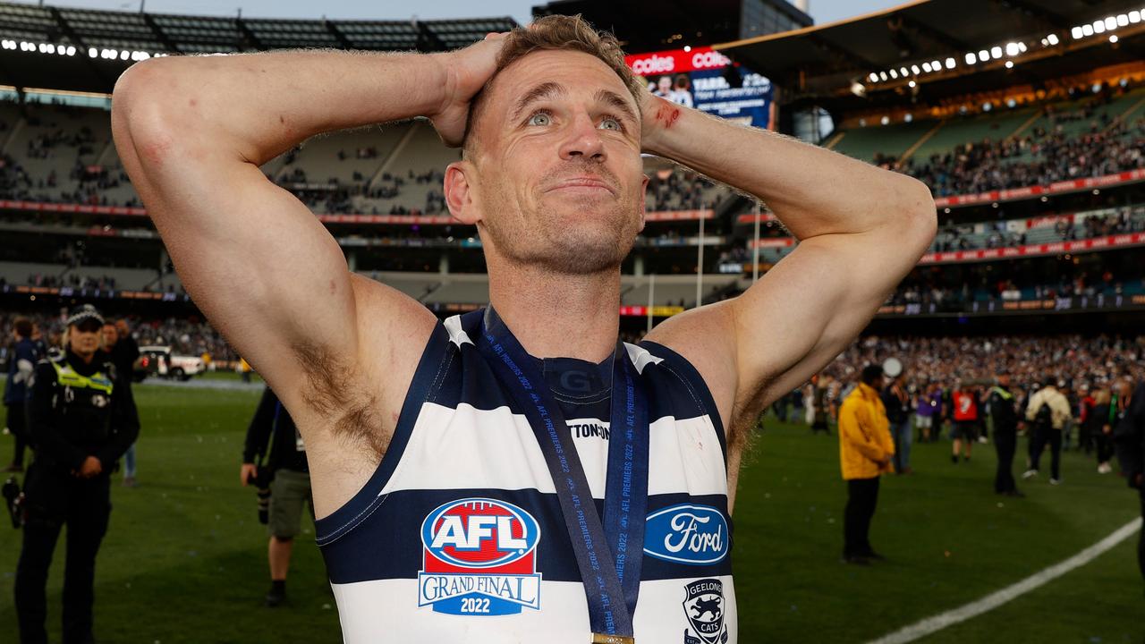 MELBOURNE, AUSTRALIA - SEPTEMBER 24: Joel Selwood of the Cats celebrates during the 2022 Toyota AFL Grand Final match between the Geelong Cats and the Sydney Swans at the Melbourne Cricket Ground on September 24, 2022 in Melbourne, Australia. (Photo by Michael Willson/AFL Photos via Getty Images)