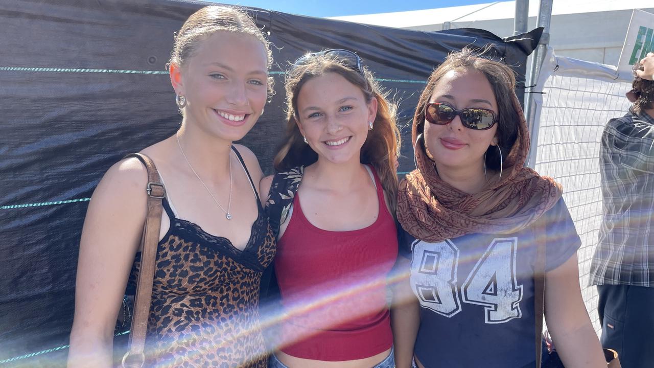 Naomi, 14, Alissa, 14, and Cela, 14, from Bellingen at Byron Bay's Bluesfest festival. Picture: Savannah Pocock