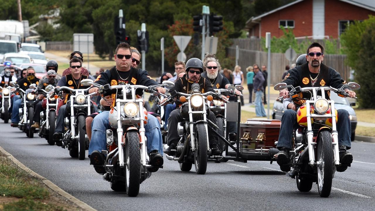 Bandidos Motorcycle Club members lead the funeral procession of Ross Brand in Geelong in 2008.