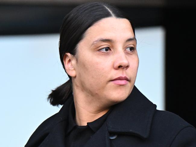 KINGSTON UPON THAMES, ENGLAND - FEBRUARY 06: Australian footballer Sam Kerr leaves Kingston Crown Court on February 06, 2025 in Kingston upon Thames, England. The Matildas star, who also plays professionally for Chelsea in the Women's Super League, is facing charges of "racially aggravated harassment" of a police officer related to an incident in Twickenham on January 30, 2023.   (Photo by Leon Neal/Getty Images)