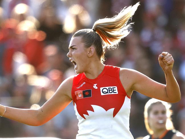 Sydney's Ally Morphett celebrates kicking a goal  during the AFLW Round 1 Sydney Derby match   between the Sydney Swans and GWS Giants at North Sydney Oval on September 3, 2023. Photo by Phil Hillyard(Image Supplied for Editorial Use only - **NO ON SALES** - Â©Phil Hillyard )