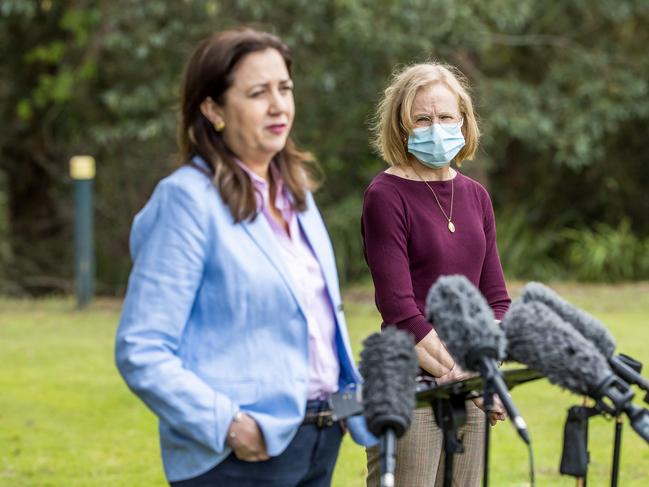 Premier Annastacia Palaszczuk and chief health officer Dr Jeannette Young providing an update on Queensland’s Covid cases. Picture: Richard Walker