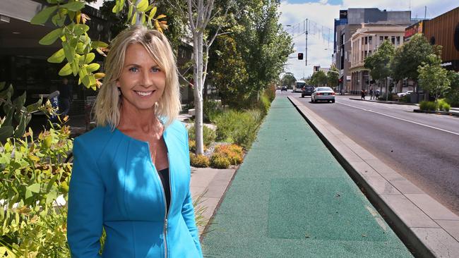 Green Spine Malop street Geelong. Geelong Mayor Stephanie Asher at the bike lane that will stay. Picture: Glenn Ferguson