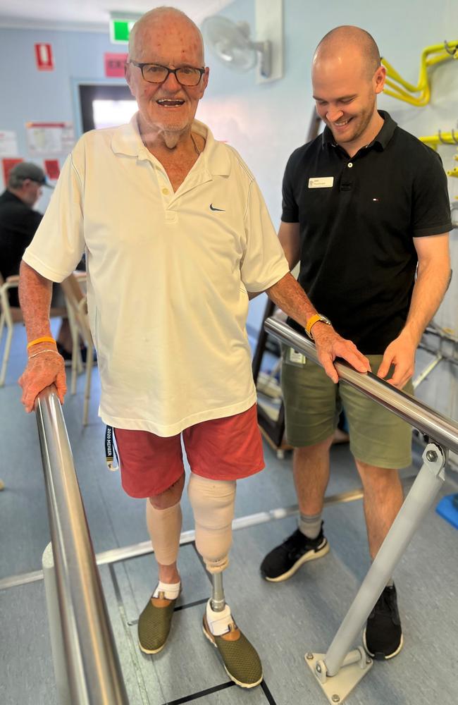 Barry Porter taking part in the Mackay Hospital and Health Service’s Community Health and Therapy Services rehabilitation program with physiotherapist Josh Campbell. Picture: Contributed