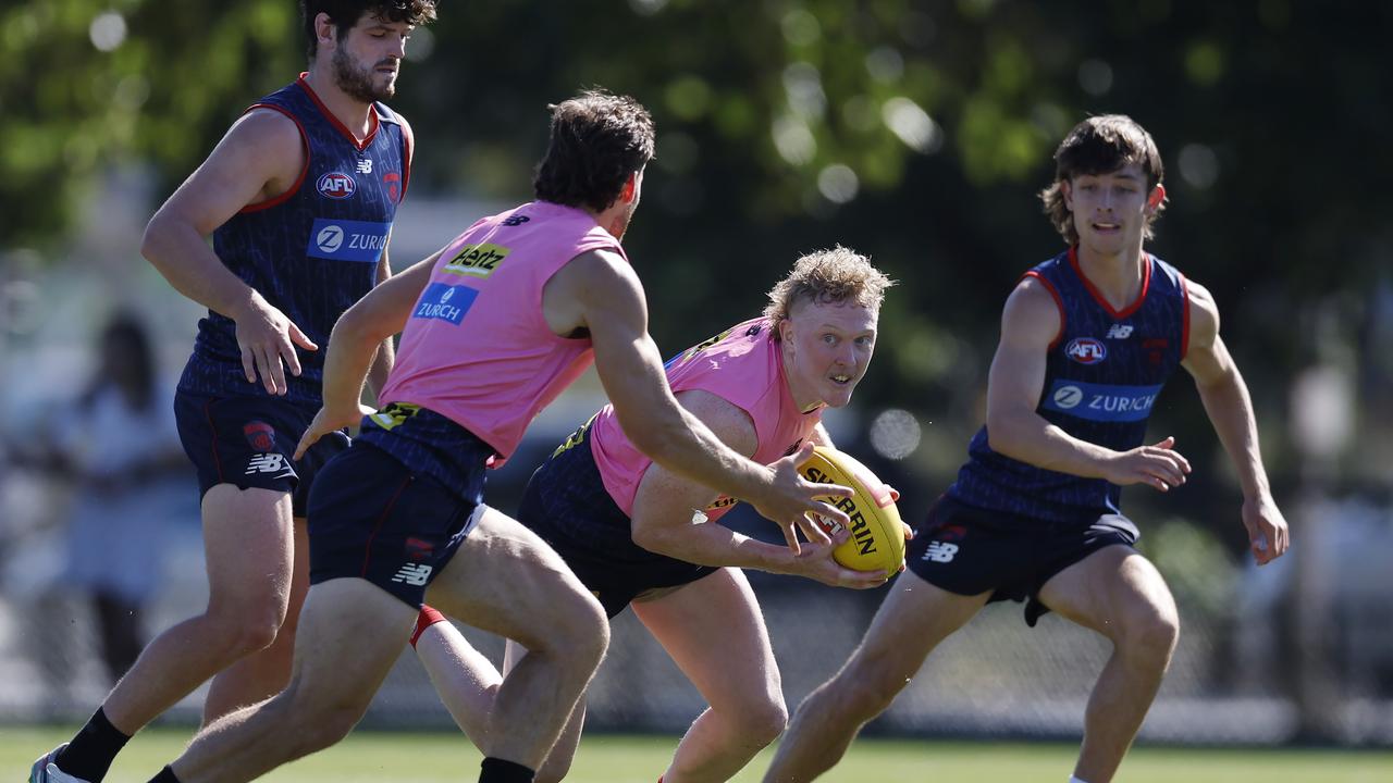 Clayton Oliver wins the ball during the Demons’ scratch match at Gosch’s Paddock on Monday morning. Picture: Michael Klein