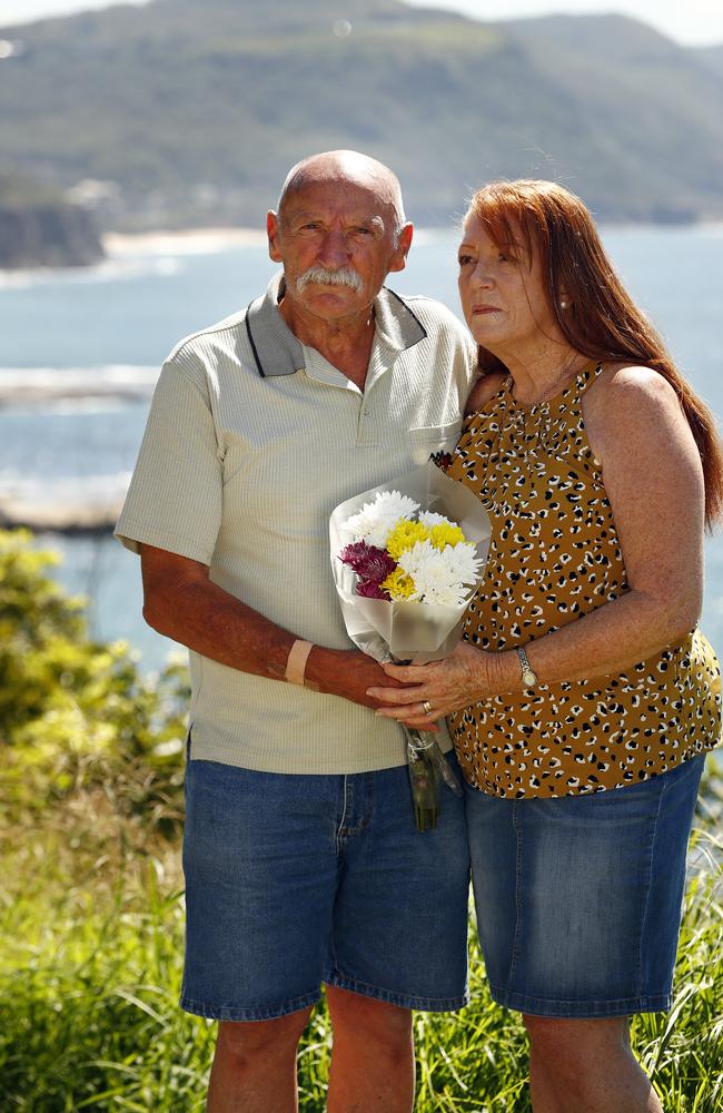 Ivan Milat’s brother and sister-in-law, Bill and Carolynne, in the Illawarra with flowers to throw in the ocean to remember him. Picture: Sam Ruttyn