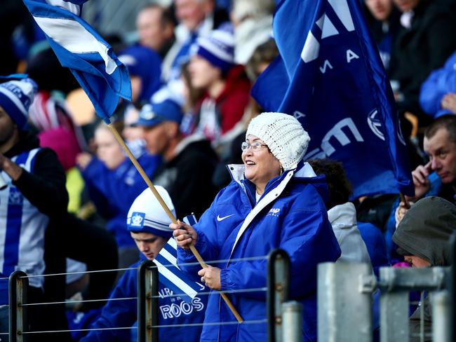 A North Melbourne supporter cheers her team on.