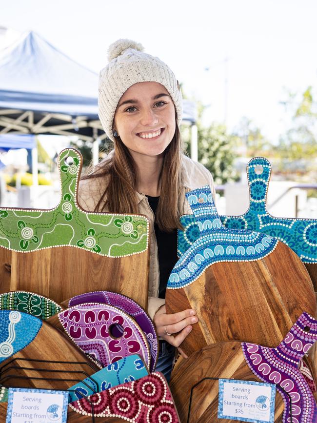 Izabella Hazard of Vibrant Connection Designs with some of her items at the NAIDOC arts and craft market at Grand Central, Saturday, July 9, 2022. Picture: Kevin Farmer