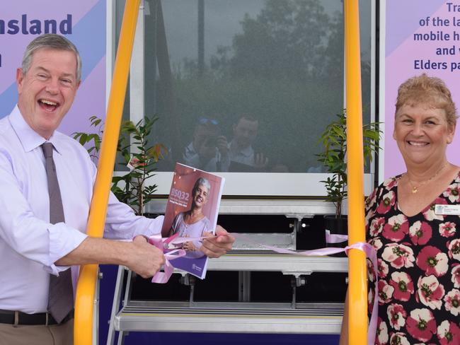 Minister for Health and Ambulance Services Tim Nicholls and breast imaging director Elizabeth Phillips have welcomed the Breastscreen QLD van to North Shore. Picture: Holly Fishlock.