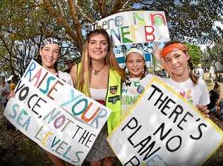 School students and community members gather at Peregrine Beach to tell our politicians to take all them seriously and start treating climate change for what it is: a crisis and the biggest threat to our generation and generations to come. (LtoR) Bridgette Cooper, organiser Shellie Joseph, Lilly Cooper and Summer Burton. Picture: Patrick Woods