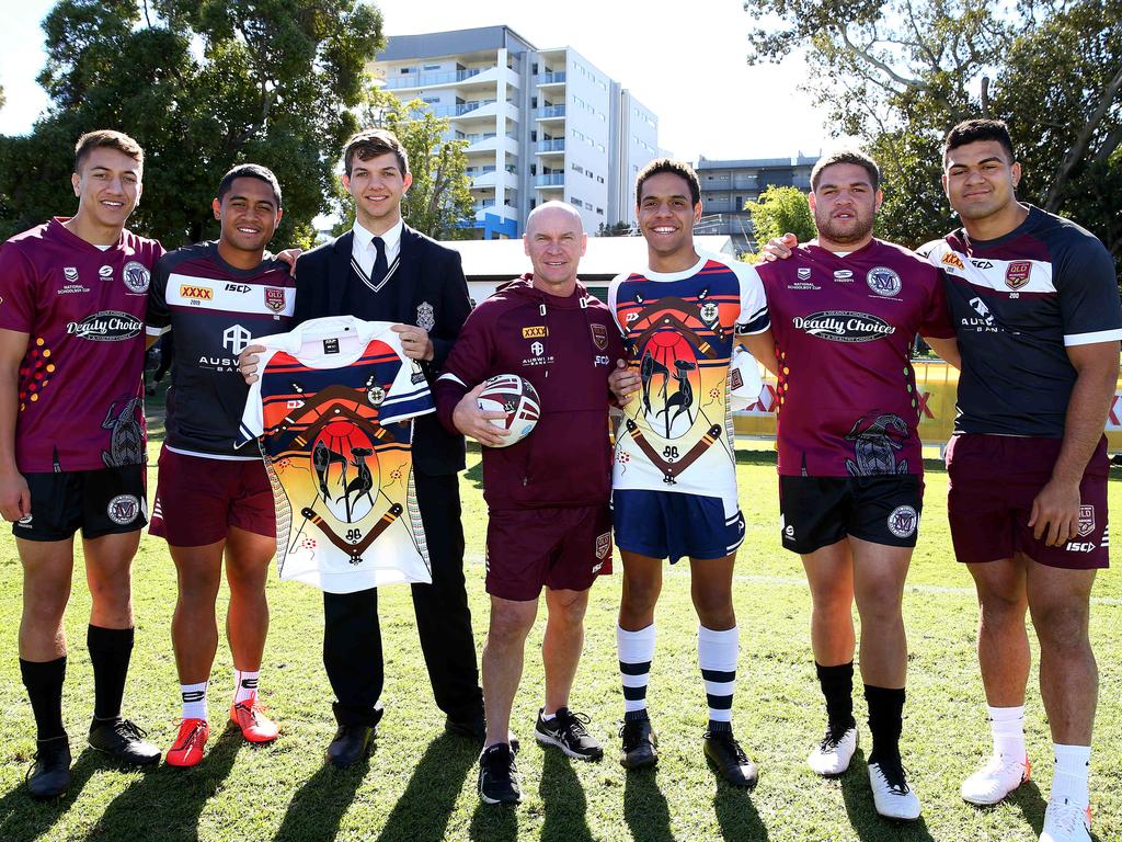 Konrad Tu’ua 18, Anthony Milford, Karne Young 17, Allan Langer, Samual Elara 17, George Lee 17 and David Fifita together as the Queensland Origin team train. The next generation of representative footballers are involved in the Langer Cup and Aaron Payne Cup competitions being livestreamed on News Corporation websites. Picture: Adam Head