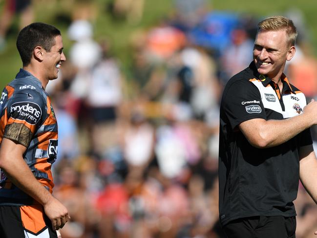 Andrew Webster (right) with Mitch Moses (left) during their time at the Wests Tigers in 2017. Picture: AAP