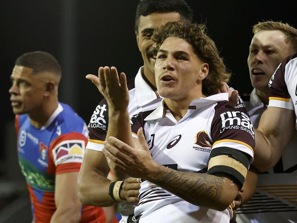 Reece Walsh celebrates scoring a try against the Newcastle Knights on Saturday. Picture: NRL Photos