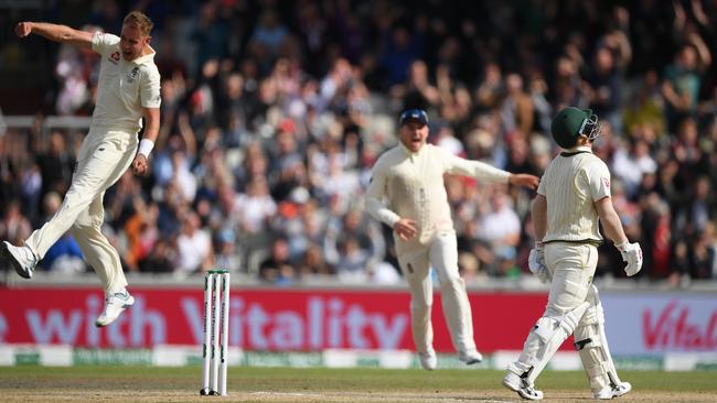 Stuart Broad jumps for joy after removing David Warner. Picture: Getty Images