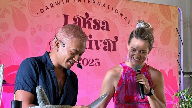 Celebrity chef Khanh Ong and MC Amy Hetherington at the 2023 Darwin International Laksa Festival. Picture: Annabel Bowles