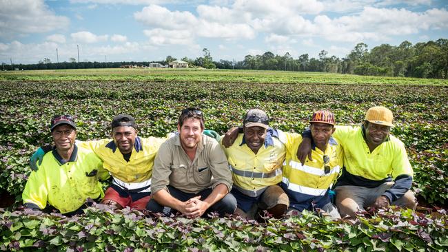 Farmer Darren McCrystal with former employees on his potato farm. Photo Paul Beutel