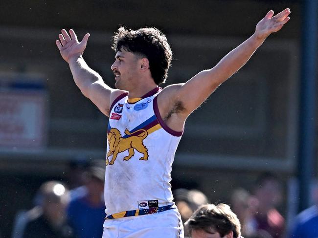 South MorangÃs Joshua DÃIntinosante, left celebrates a goal during the NFNL Diamond Creek v South Morang football match in Epping, Saturday, Aug. 24, 2024. Picture: Andy Brownbill