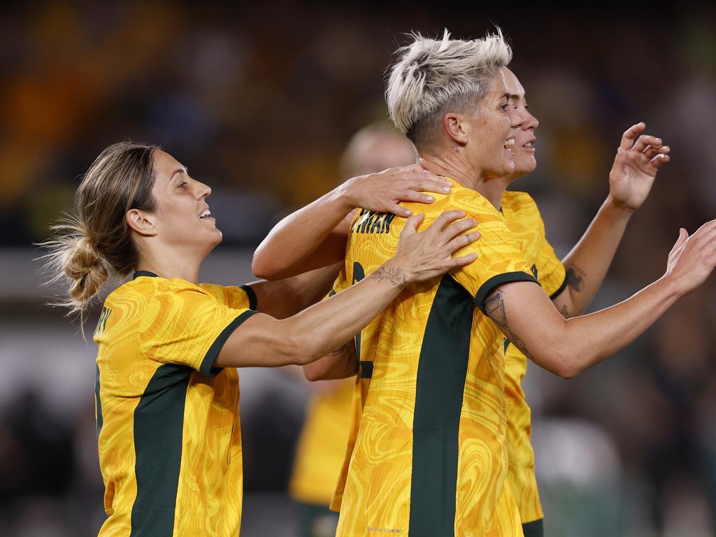 MELBOURNE, AUSTRALIA – FEBRUARY 28: Michelle Heyman of the Matildas celebrates a goal during the AFC Women's Olympic Football Tournament Paris 2024 Asian Qualifier Round 3 match between Australia Matildas and Uzbekistan at Marvel Stadium on February 28, 2024 in Melbourne, Australia. (Photo by Darrian Traynor/Getty Images)