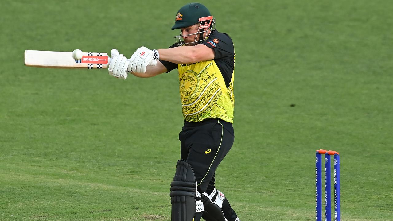 Aaron Finch on his way to 76 runs in Australia’s final warm-up match against India at the Gabba. Picture: Albert Perez/ICC via Getty Images