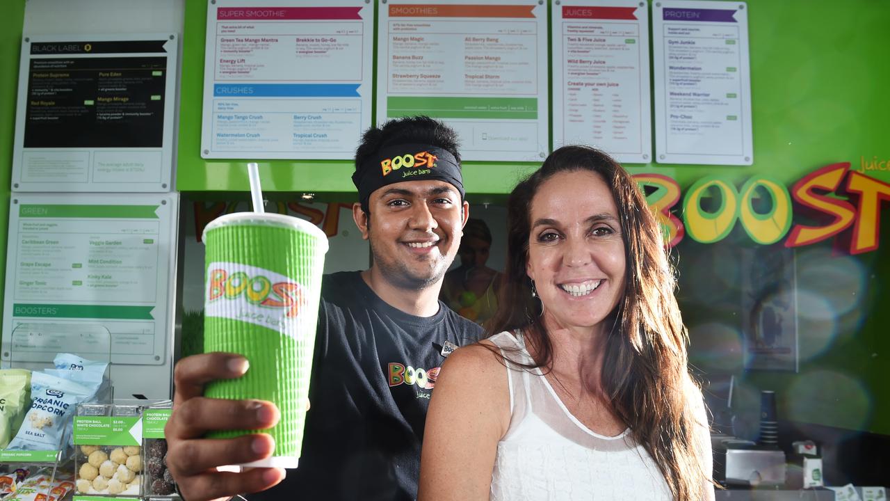 Janine Allis with Darwin Boost Juice team leader Jeil Savla.