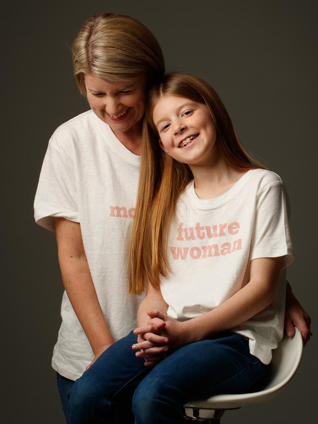 Natasha Stott Despoja with her daughter Cordelia, 10, in the UN Women Australia t-shirts. Picture: Matt Turner