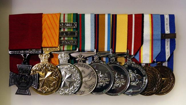 Medals including Victoria Cross and Medal for Gallantry awared to SAS Corporal Ben Roberts-Smith VC, on display in the Hall of Valour at the Australian War Memorial.