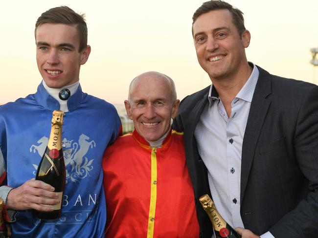 Brisbane premiership winners (from left) James Orman, Jeff Lloyd and Tony Gollan celebrate their wins. Picture: Natasha Wood, Trackside Photography