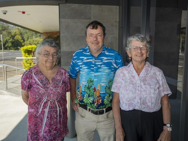 Mary Maloney, 79, of Lismore, with son, Christopher Maloney, 53, and Robin Churchill, 64, the first patrons at the reopening of the Lismore and District Workers Club on Keen St. Lismore.