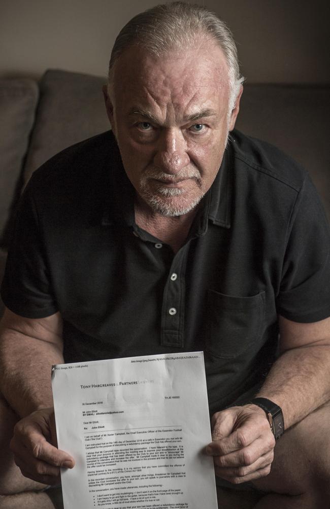 John Elliott Snr with a letter from Essendon’s lawyer. Picture: Jason Edwards