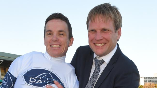 Jockey Tim Clark and trainer Bjorn Baker celebrate Samadoubt’s win in the first Group 1 race of the season. Picture: AAP